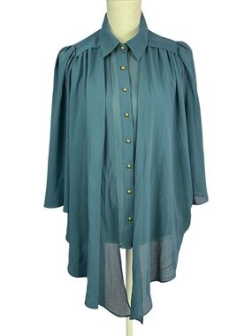Draped Bell Sleeve Blouse M Waterfall Teal Blue Sheer Button-up Chiffon Collared
